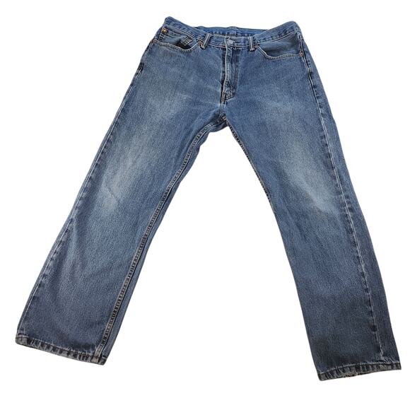 Levis 505 Jeans Mens 36x30 Regular Blue Denim Abrasion Medium Wash - Picture 1 of 11